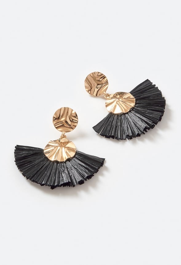 Elia Hammered Metal Disc And Raffia Fringe Drop Earrings Black/ Gold
