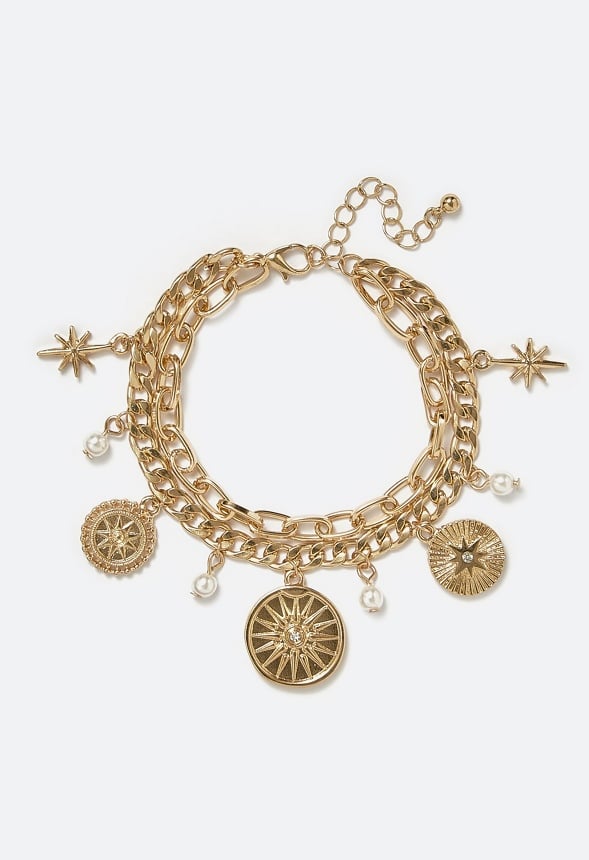 Enid 2 Rows Charm Bracelet With Celestial Coins And Glass Pearls Cream/ Gold