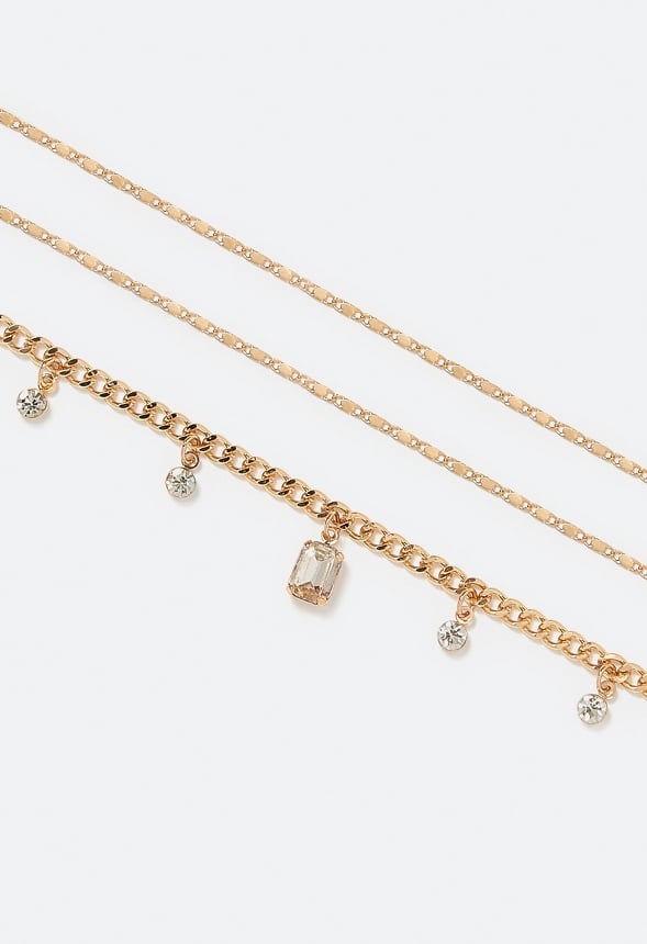 3-Rows Jin Anklet With Glass Stone Drops Gold/ Crystal