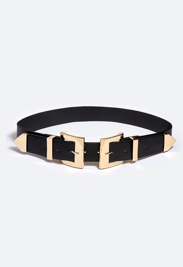 Kacy Adjustable Double Buckle Faux Leather Belt Gold/ Black