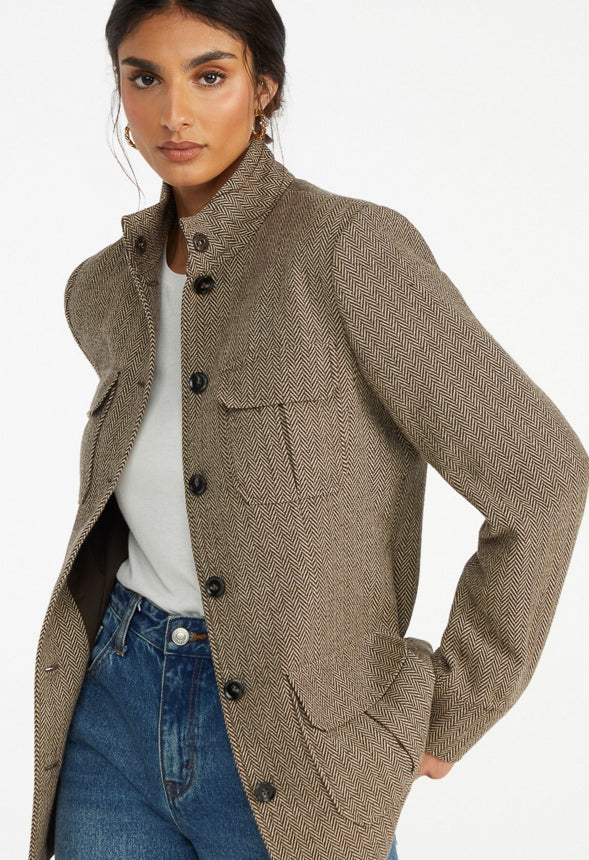 Utility Herringbone Coat Brown Herringbone