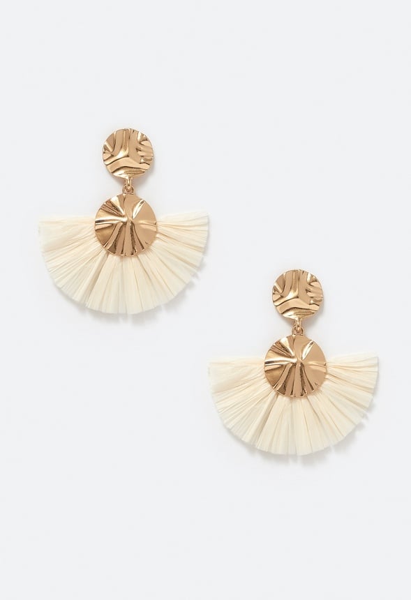 Elia Hammered Metal Disc And Raffia Fringe Drop Earrings Cream/ Gold