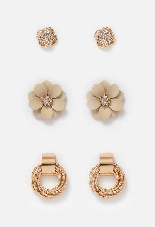 Mina 3-Pair Knot Enamel Flower And Twisted Ring Stud Earrings Beige/ Gold