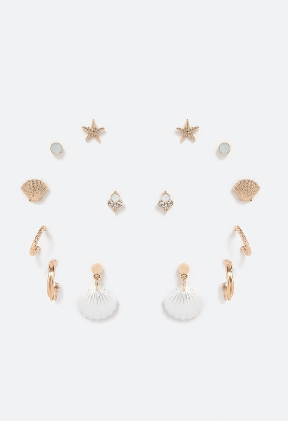 Ariel 7 Pairs Shell And Starfish Mixed Earrings Pack Cream/Gold
