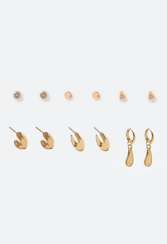 6-Pairs Pack Roq Molten Studs And Organic Hoops Earrings Gold