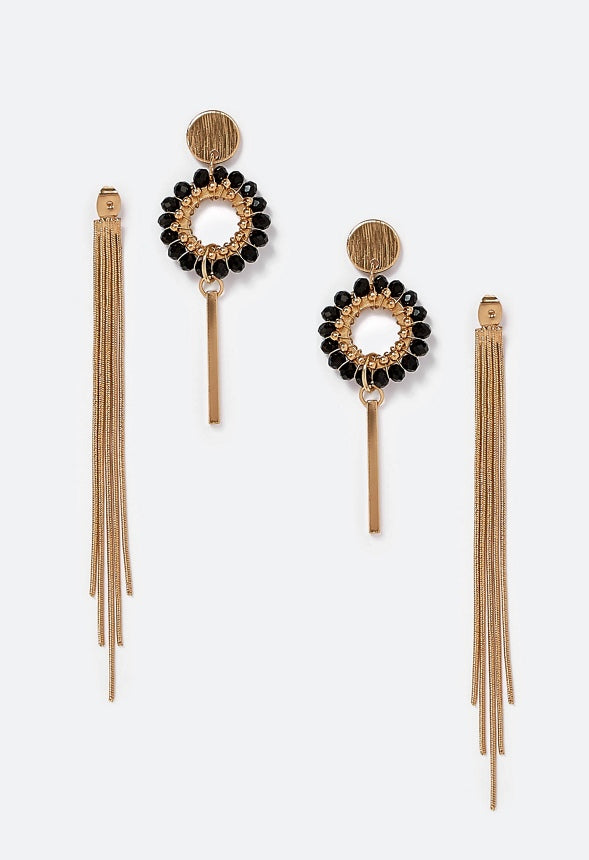 Gia Glass Bead Ring With Long Chain Fringe Drop Earrings Black/ Gold