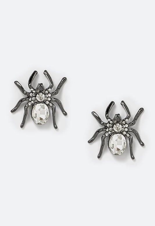 Mona Halloween Glass Stone Spider Stud Earrings Crystal/ Gunmetal