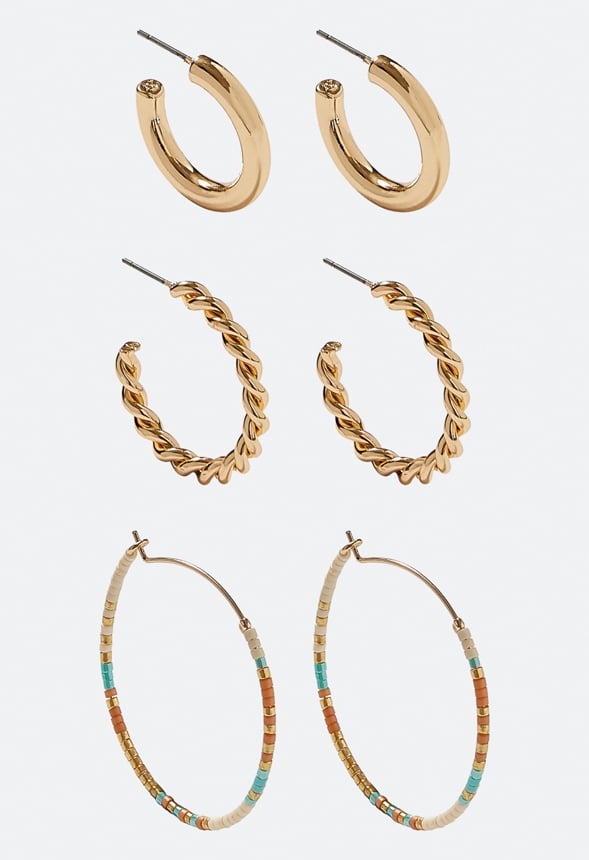 3-Pairs Pack Of Lara Mix Hoop Earrings With Glass Beads Cream/ Blue Mix/ Gold