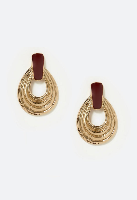 Elle Enamel Inlay Ridged Door Knocker Earring Burgundy/Gold