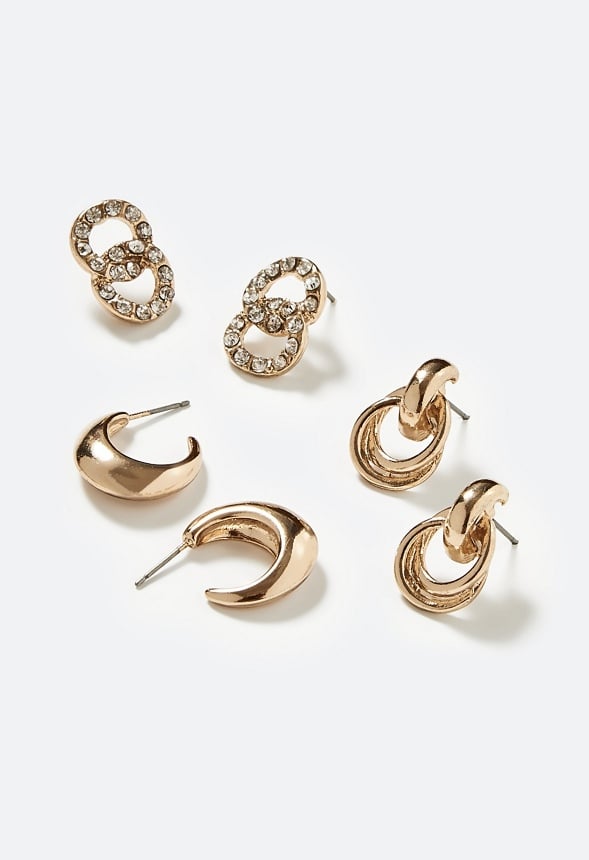 Fay 3 Pair Mixed Stud and Teardrop Earring Set Crystal/Gold