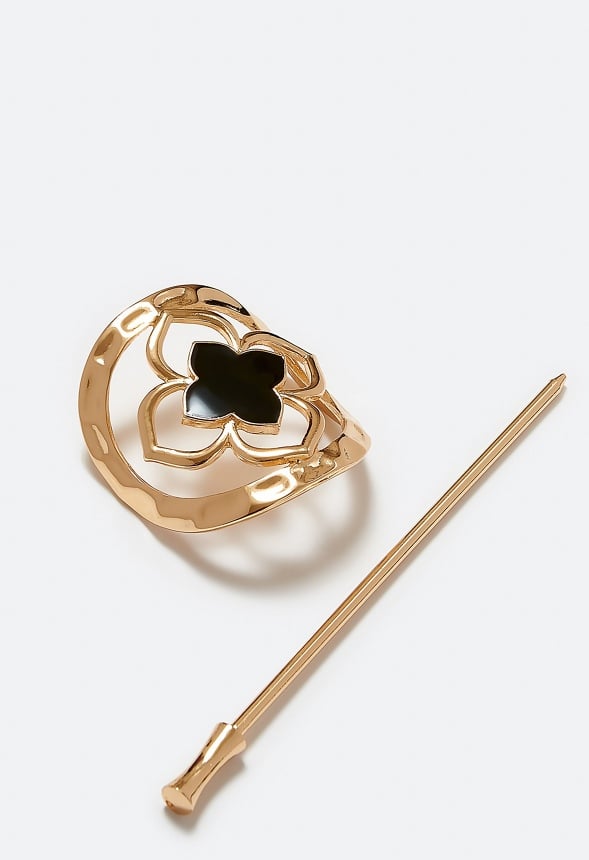 Xia Enamel Clover Metal Hair Ring With Pin Black/ Gold