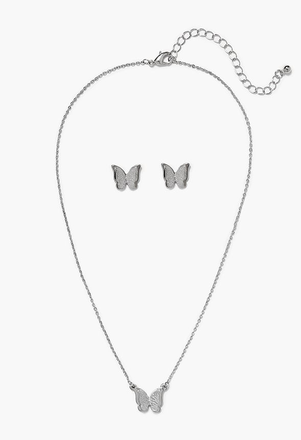 Rosa 3D Butterfly Stud And Pendant Necklace Set Silver