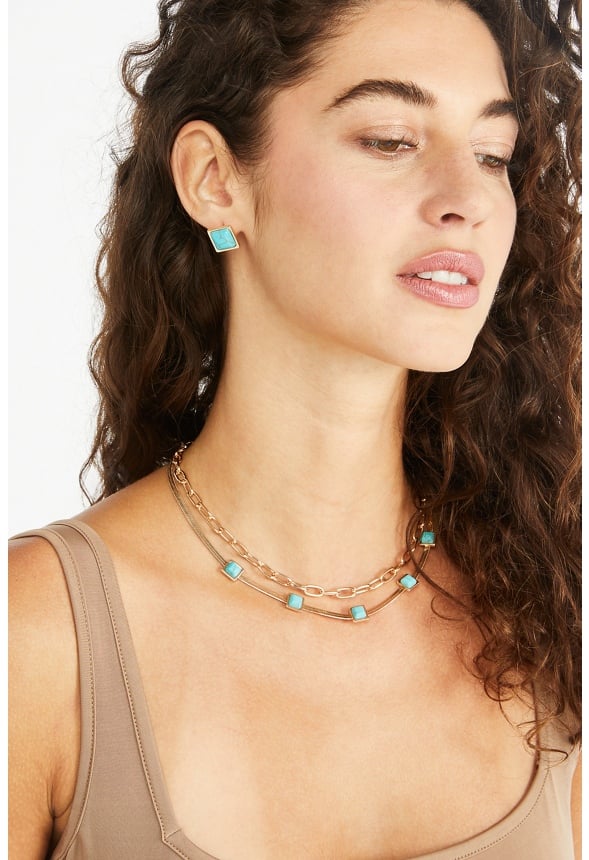 Elena Turquoise Flat Chain Necklace Set Turquoise/ Gold