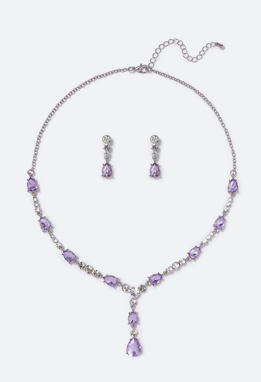 Calliope Stone and Crystal Necklace Set Lilac/ Silver