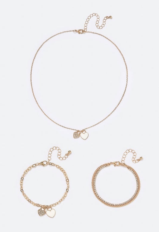 Hava Enamel Heart Necklace And Bracelet Set Cream/ Gold