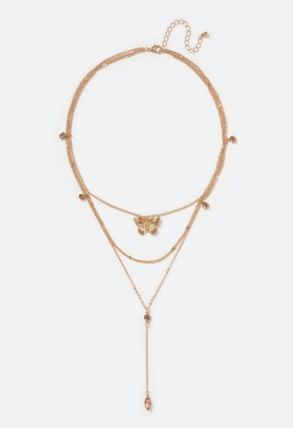 Salma Layered Y-Drop Necklace With Blush Glass Navettes & Butterfly Charm Blush/ Gold