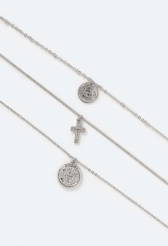 Kori Fine Layered Coin and Cross Necklace Silver