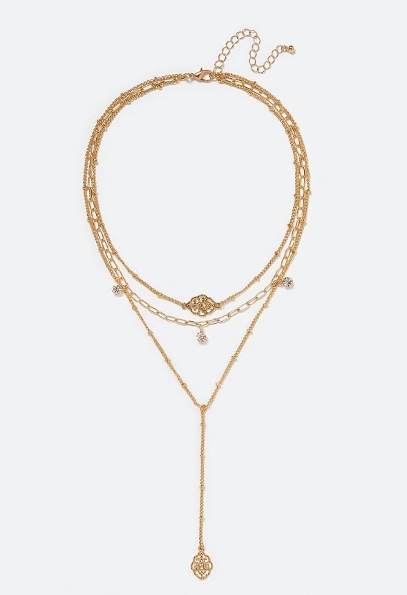 3-Rows Ivy Filigree Charm And Glass Stone Crystal Y Necklace Gold/ Crystal