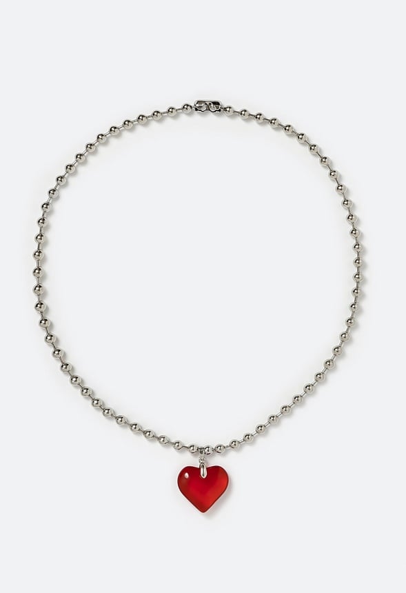 Mai Ball Chain Necklace With Glass Heart Pendant Rhodium