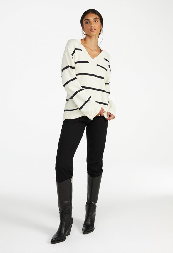 Oversized V-Neck Sweater Egret/ Black Caviar Stripe