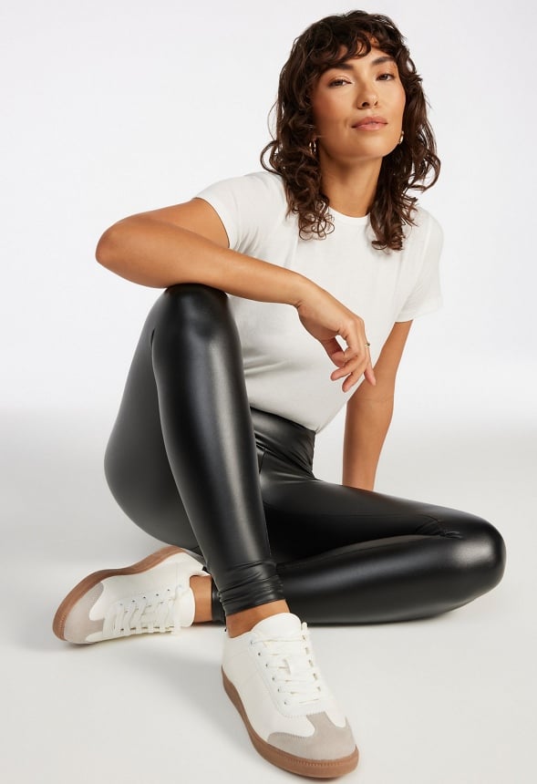 Tummy Tamer Faux Leather Ankle Leggings Black Caviar