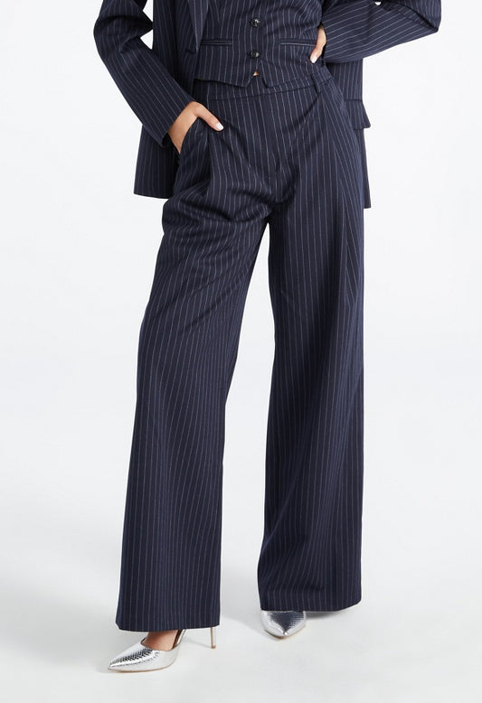 Pinstripe Wide Leg Trousers Navy Stripe