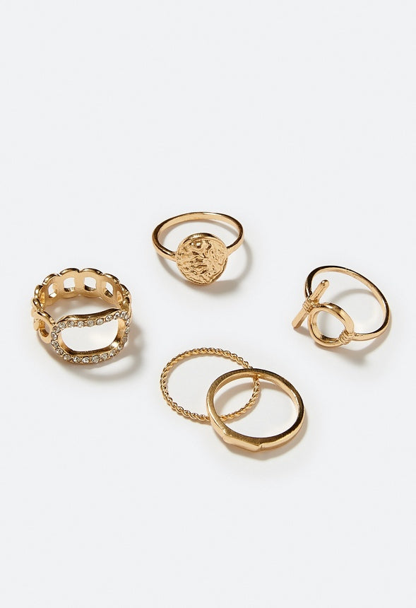 6-Mixed Anya Rhinestone And Organic Metal Rings Set Crystal/ Gold