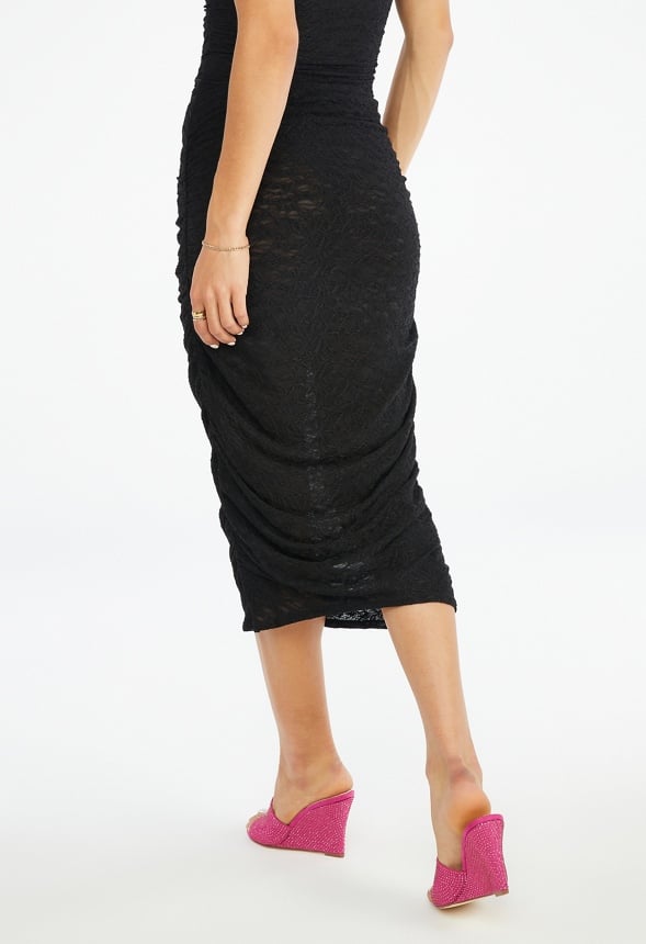 Ruched Mesh Midi Skirt Black Caviar