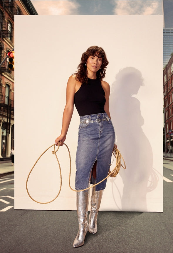 Evan Denim Midi Skirt Frequency