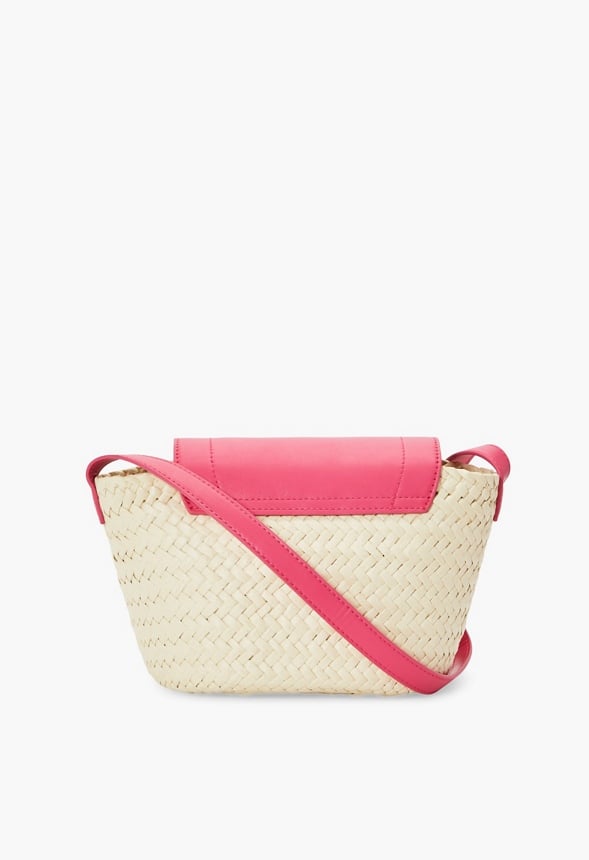 Raffia Flapover Shoulder Bag Natural/Fuchsia