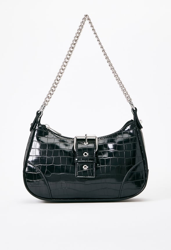 Shoulder Bag with Buckle Flap Black Croc