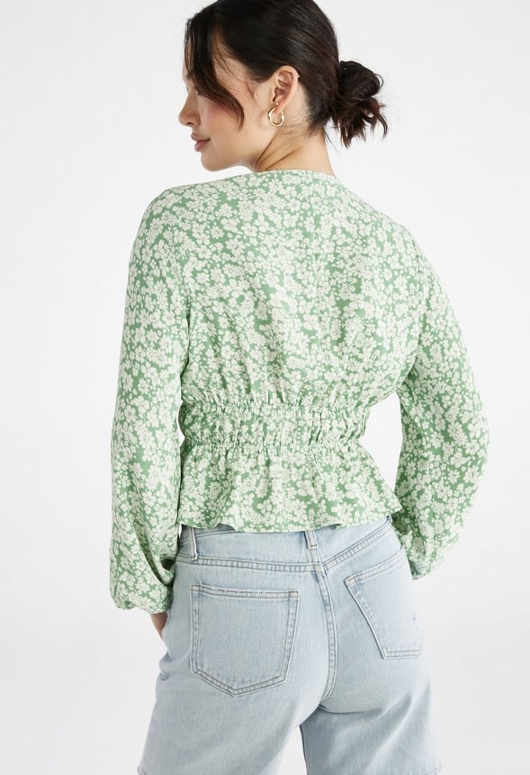 Long Sleeve Printed Woven Top Stone Green Ditsy